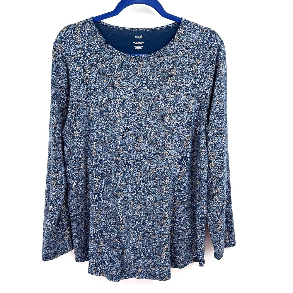 J. Jill pure long sleeve shirttail tee pima cotton blue floral coastal boho L
